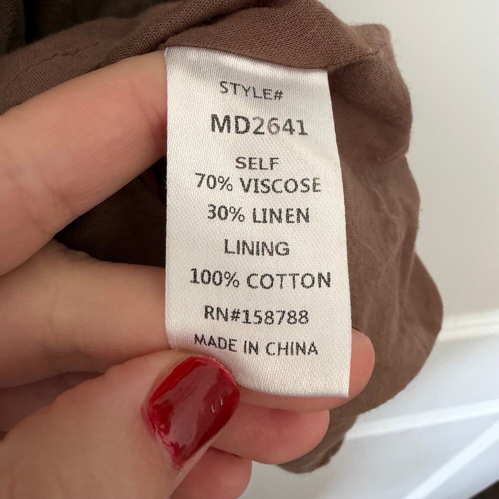 Mable (S) Linen Puff Sleeve Babydoll Mini Dress Brown Cottagecore - Picture 5 of 9